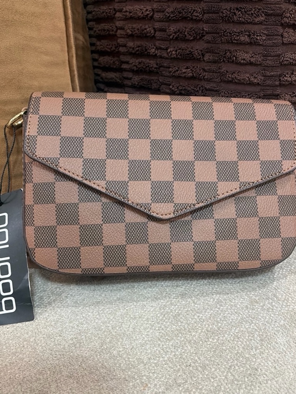 Boohoo Brown Checkered Envelope Crossbody Bag